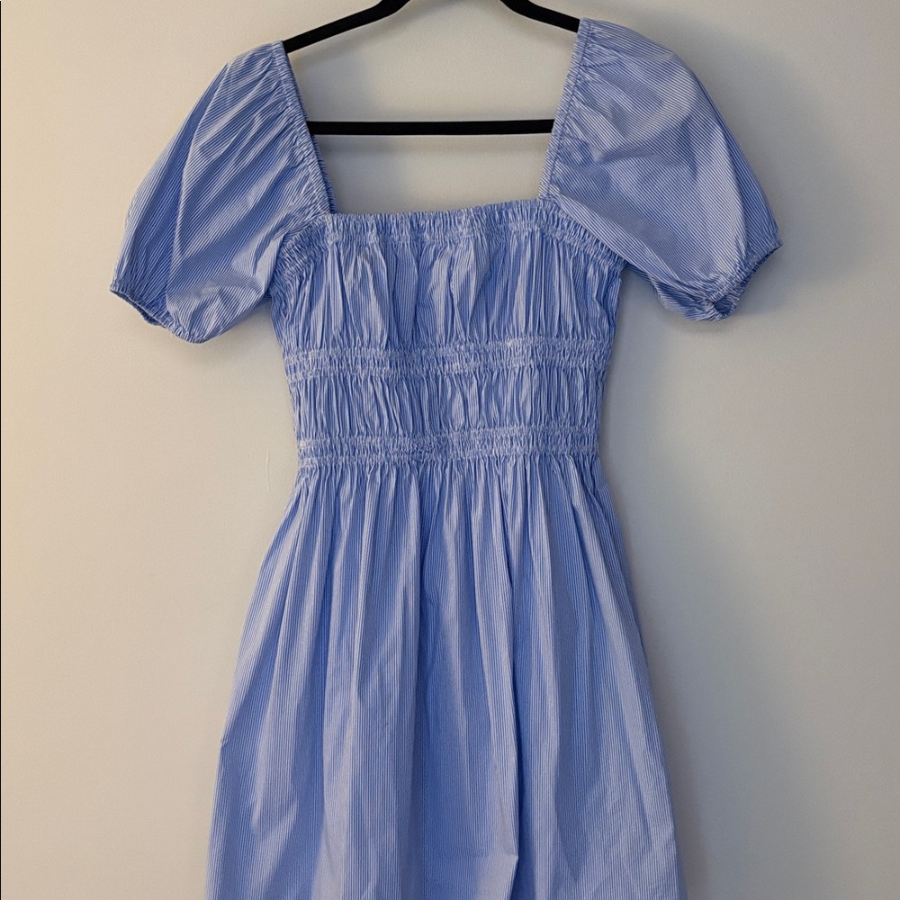 Js71 Jasmine Dress with Bubble Sleeves, Smocked Blue & White Striped